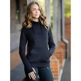Black women wearing lemieux classique hoodie navy with high collar front pocket and drawstring hood for casual wear