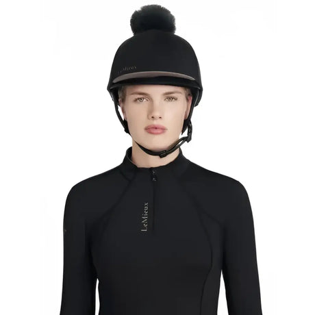 Black lemieux classique pom equestrian helmet with fluffy pom hat silk black perfect for riding