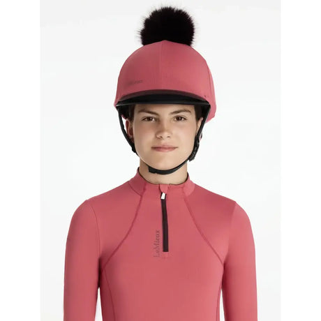 Pink lemieux classique pom equestrian helmet with black fur pom hat silk cranberry top for horse riding