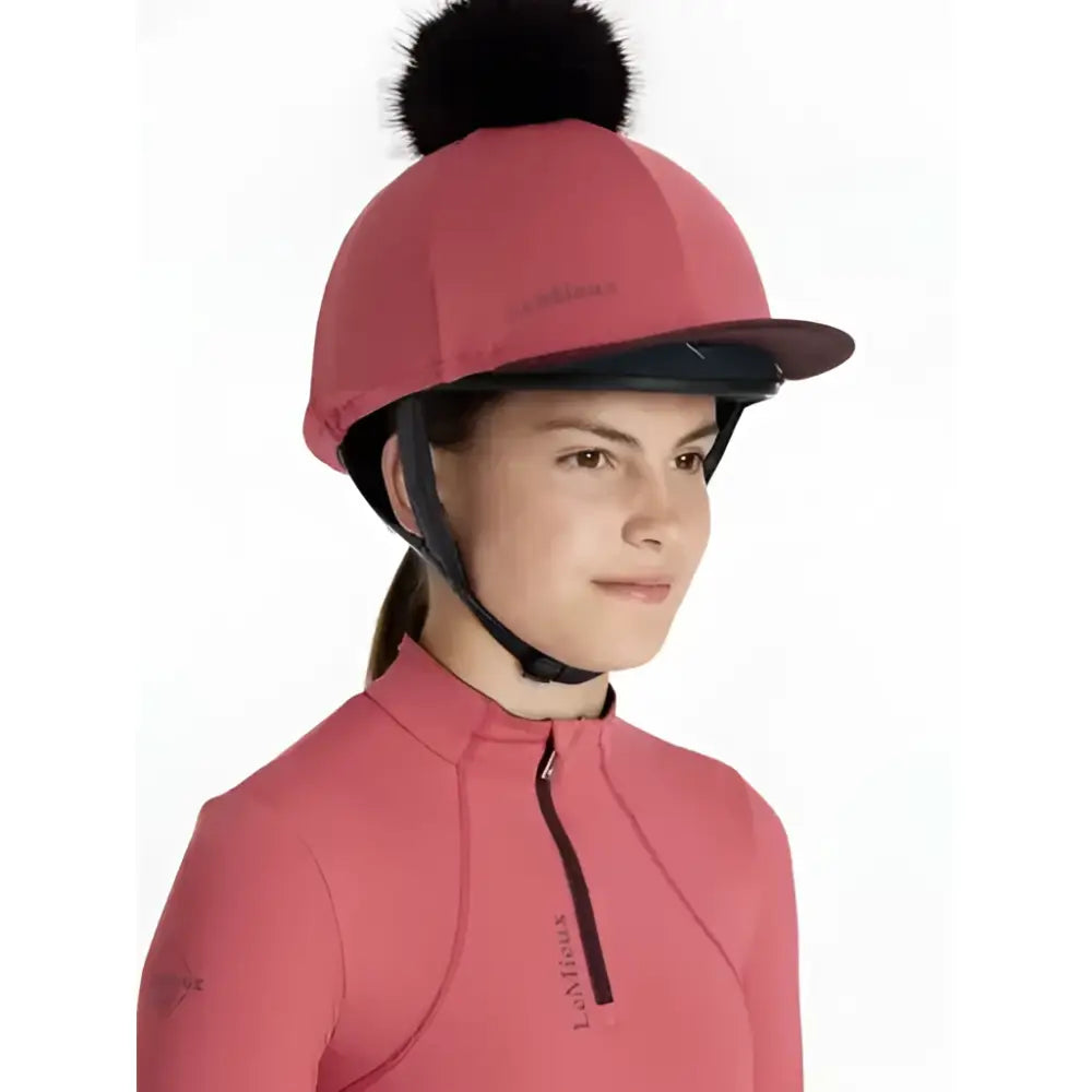 Pink lemieux classique pom equestrian helmet with black faux fur pom hat silk cranberry on top