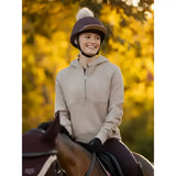 Dark gray lemieux classique pom equestrian helmet with fluffy white pom hat silk damson for riding use