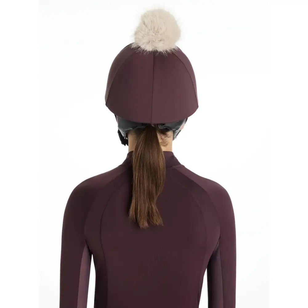 Maroon lemieux classique pom equestrian helmet cover with fluffy white pom made of silk damson fabric