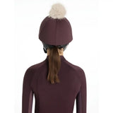 Maroon lemieux classique pom equestrian helmet cover with fluffy white pom made of silk damson fabric