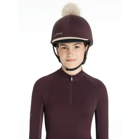 Maroon lemieux classique pom equestrian helmet with white pom hat silk damson for stylish riding protection