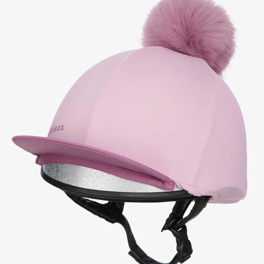 Pink lemieux classique pom equestrian helmet cover with faux fur pom and silver reflective silk fondant lining