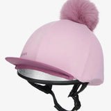 Pink lemieux classique pom equestrian helmet cover with faux fur pom and silver reflective silk fondant lining