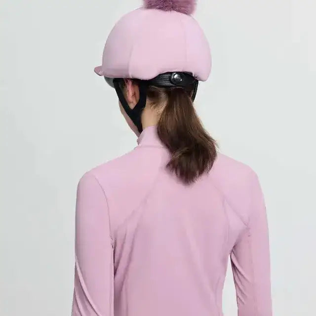 Pink lemieux classique pom equestrian helmet cover with fluffy lavender faux fur pom made from silk fondant material