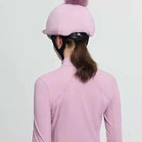 Pink lemieux classique pom equestrian helmet cover with fluffy lavender faux fur pom made from silk fondant material