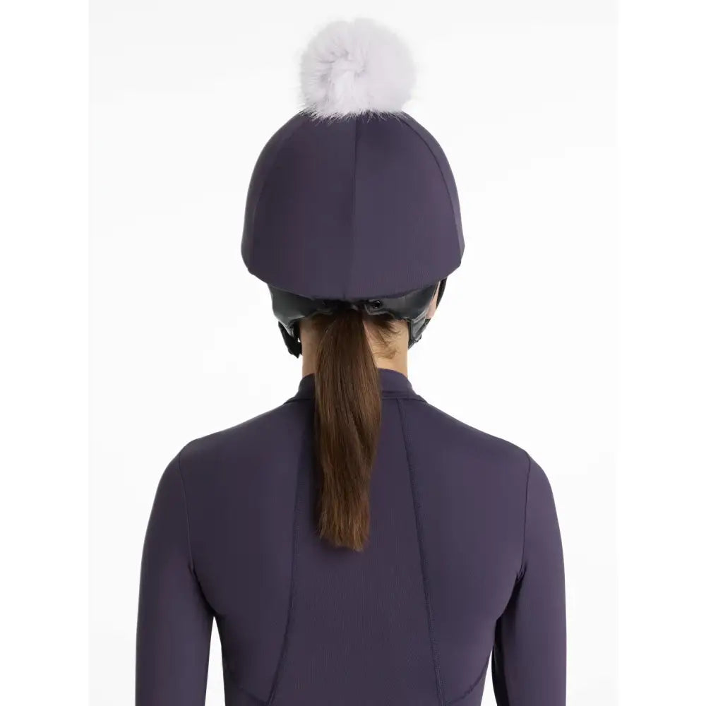 Navy blue lemieux classique pom equestrian helmet with white fluffy pom hat silk juniper for riding safety