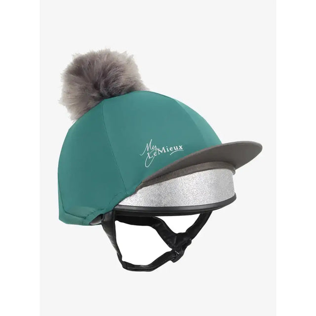Teal lemieux classique pom hat with silver reflective band and gray faux fur pom perfect for silk peacock hat fans