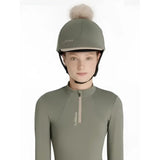 Olive green lemieux classique pom equestrian helmet with fluffy beige pom hat silk rosemary and white logo embroidery
