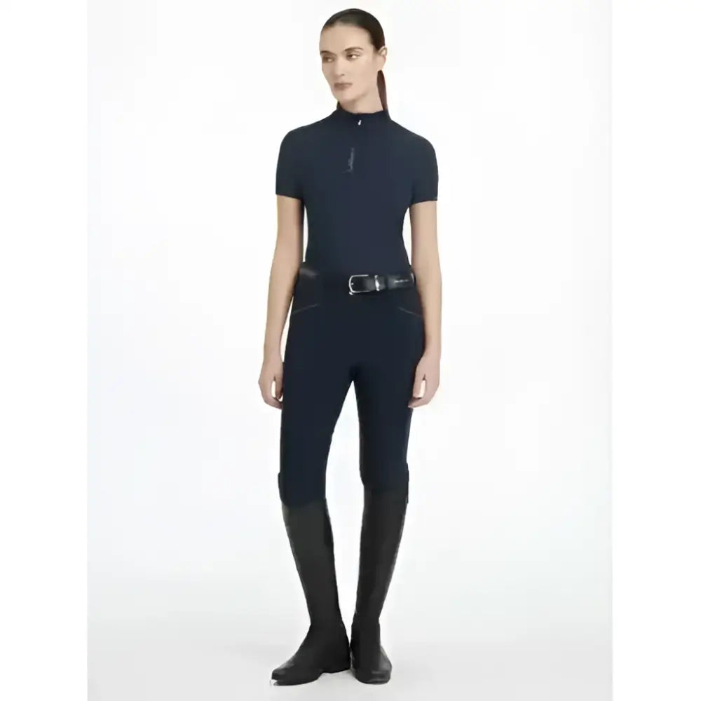 Black lemieux classique riding outfit with classic short sleeve base layer navy zip neck top and fitted leggings