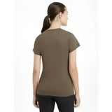 A woman wearing an olive green lemieux classique t-shirt with short sleeves and a round neckline perfect for equestrian use