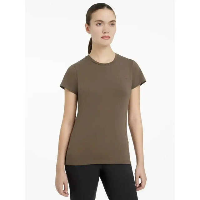 A sleek olive green lemieux classique t-shirt with short sleeves and round neckline perfect for equestrian use
