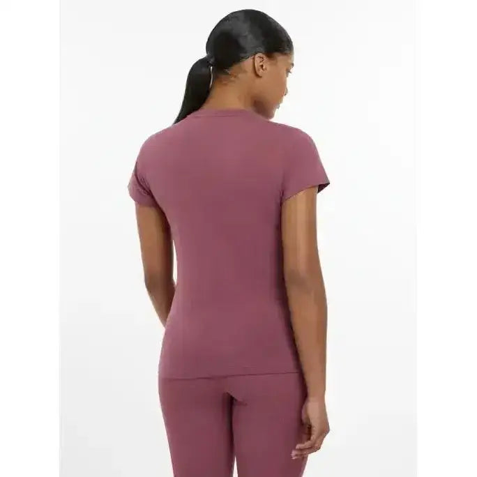 A mauve stretchy form-fitting lemieux classique t-shirt perfect for equestrian style and comfort