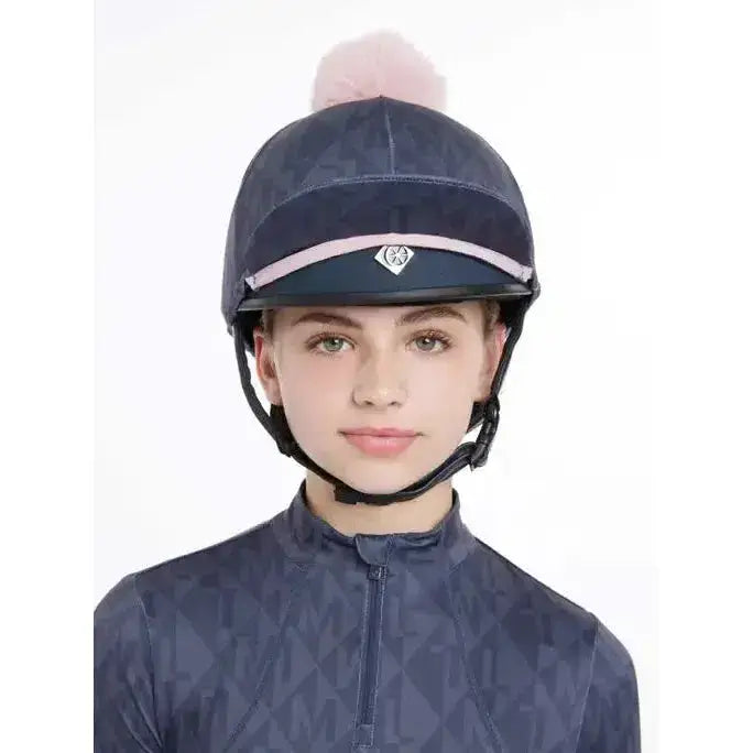 Navy blue lemieux clea hat silk dusk with a pink pom-pom and matching stripe for equestrian use
