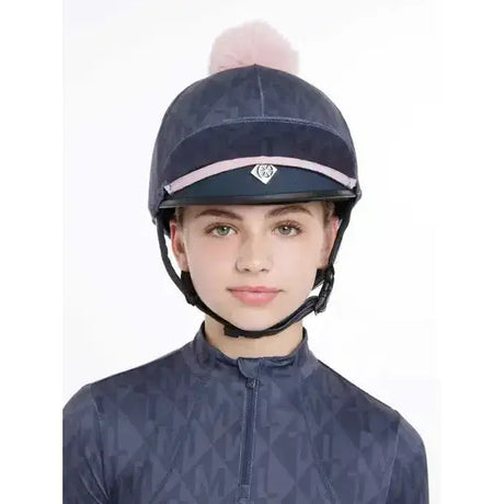Navy blue lemieux clea hat silk dusk with a pink pom-pom and matching stripe for equestrian use