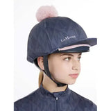 Navy blue geometric lemieux clea hat silk dusk with pink pom-pom and lemieux logo embroidered in white