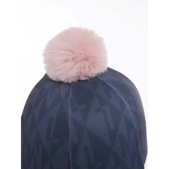 Back view of lemieux clea hat silk dusk blue in navy blue suede with a soft pink fur pom pom