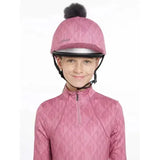 Pink lemieux clea hat silk peony with geometric pattern black pom-pom and silver trim equestrian helmet