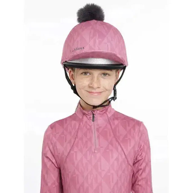 Pink lemieux clea hat silk peony with geometric pattern black pom-pom and silver trim equestrian helmet