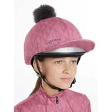 Pink lemieux clea hat silk peony with geometric pattern and black faux fur pom pom for equestrian use
