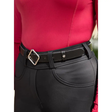 Black leather belt with silver square buckle from Lemieux Cleo Leather collection