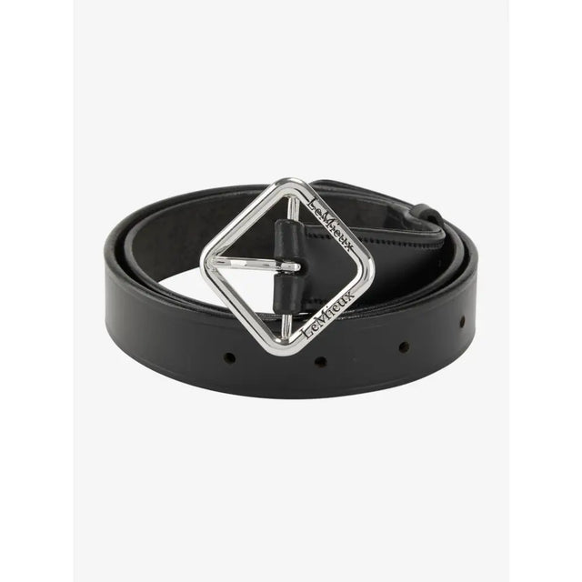 Black leather belt with diamond-shaped silver buckle from Lemieux Cleo Leather collection