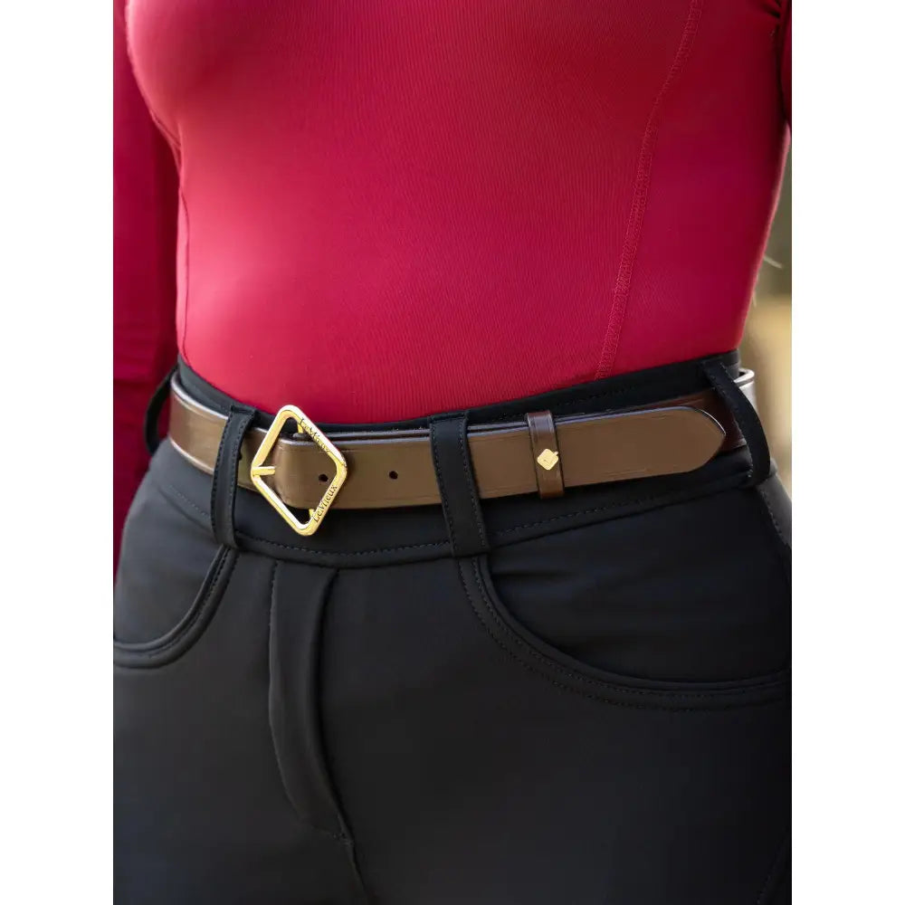 Brown leather belt with gold buckle, featuring the Lemieux Cleo Leather design