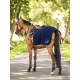 Navy blue textured lemieux clima-tek exercise quarter sheet with embroidered brand logo for horse warmth and comfort