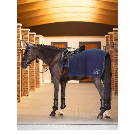 Navy blue textured lemieux clima-tek exercise quarter sheet with embroidered logo ideal for exercise use