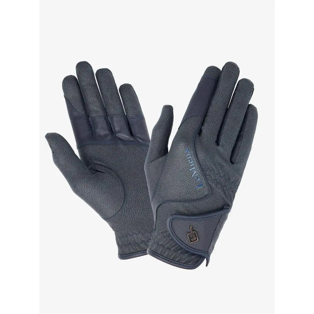 Dark gray lemieux close contact glove with textured innovative technical fabric and cavalleria logo on back of hand