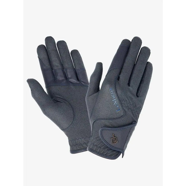 Dark gray lemieux close contact glove with textured innovative technical fabric and cavalleria logo on back of hand