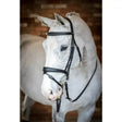 Black leather lemieux competition flash bridle with silver hardware and detachable flash loop for riding events