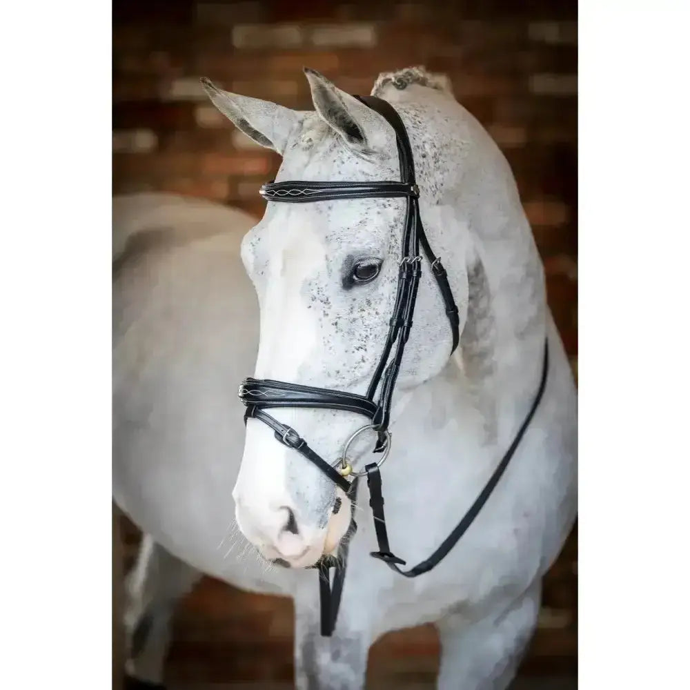 Black leather lemieux competition flash bridle with silver hardware and detachable flash loop for riding events