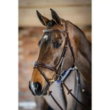 Brown leather lemieux competition flash bridle with silver fittings and a decorative browband featuring a detachable flash loop