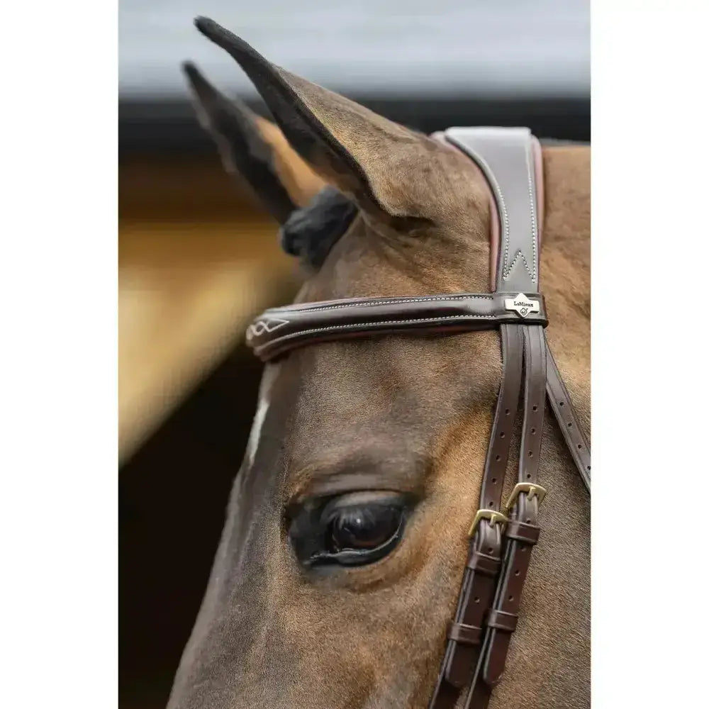 Brown leather lemieux competition flash bridle with silver hardware and detachable flash loop for shows