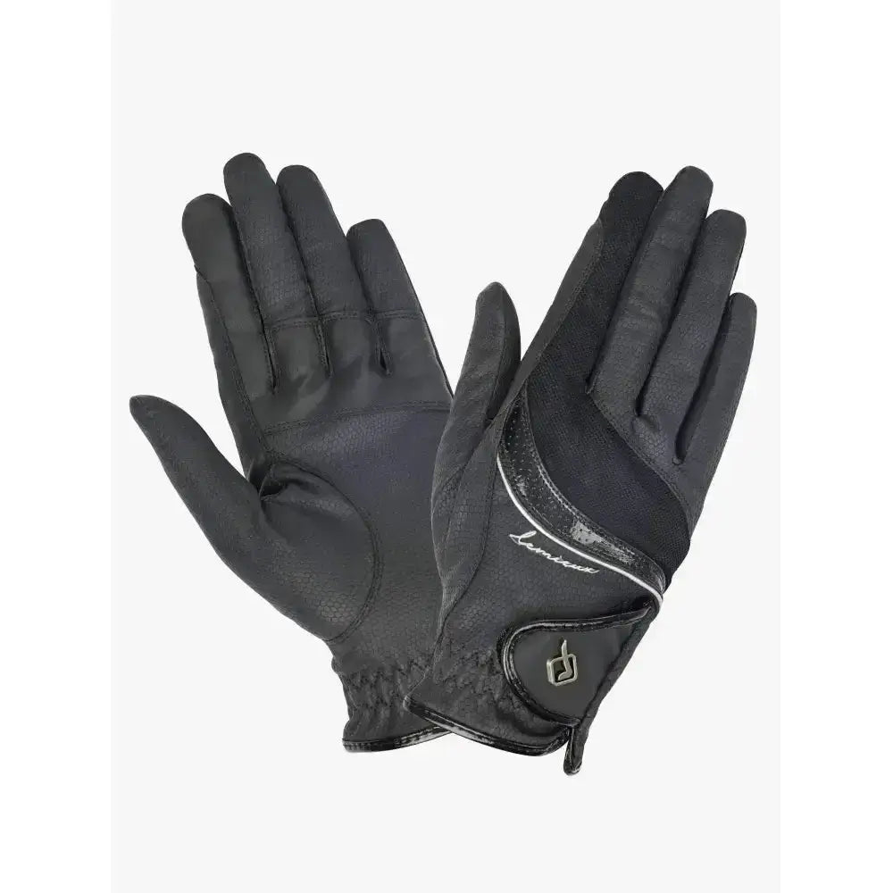 Black leather lemieux competition gloves showing back with subtle white logo and stitching for closer contact feel updated construction