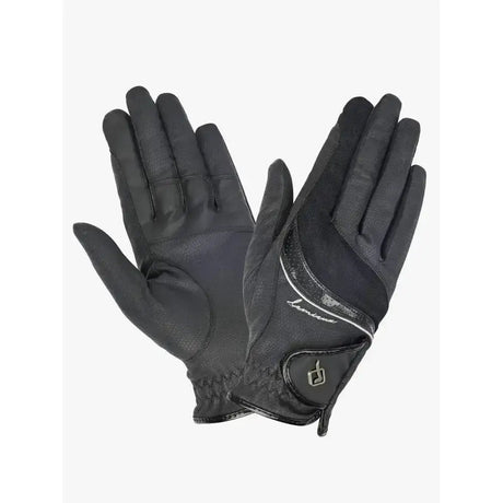 Black leather lemieux competition gloves showing back with subtle white logo and stitching for closer contact feel updated construction