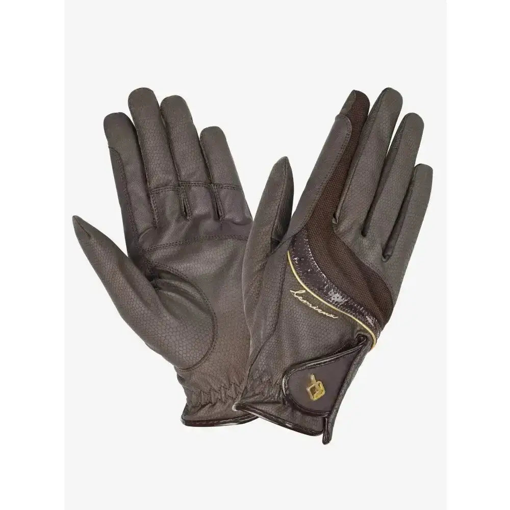 Brown leather lemieux competition gloves with gold stitching and subtle texture for a closer contact feel and updated construction