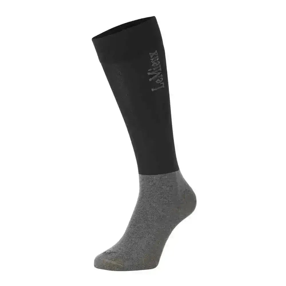 Black and gray two-tone lemieux competition riding socks twin pack with subtle logo on upper leg for competition use