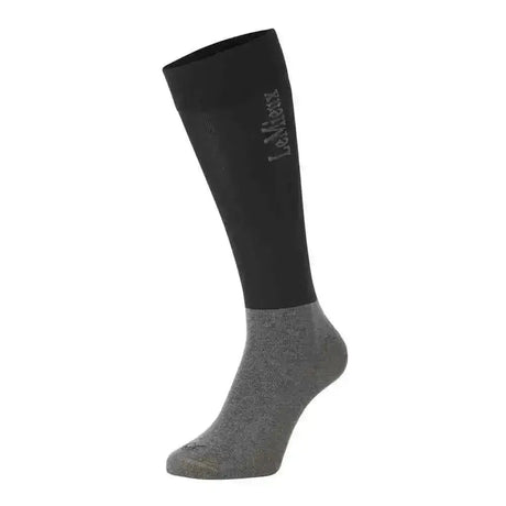 Black and gray two-tone lemieux competition riding socks twin pack with subtle logo on upper leg for competition use