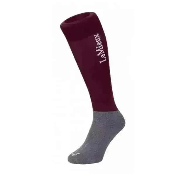 Burgundy lemieux classic competition riding socks twin pack showing maroon and gray sock with lemieux branding in white script