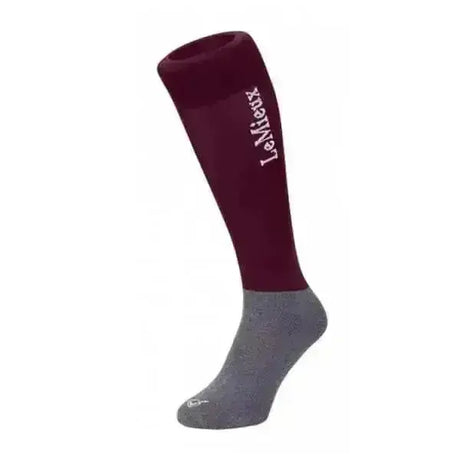 Burgundy lemieux classic competition riding socks twin pack showing maroon and gray sock with lemieux branding in white script