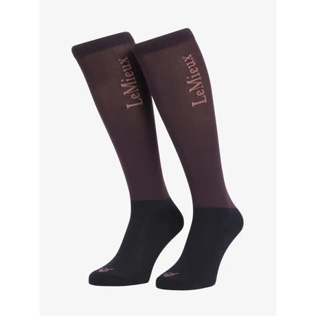 Dark burgundy and black two tone lemieux competition socks with light pink branding perfect for riding use