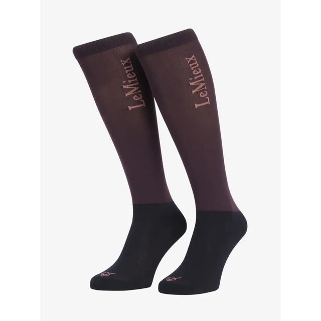 Dark burgundy and black two tone lemieux competition socks with light pink branding perfect for riding use