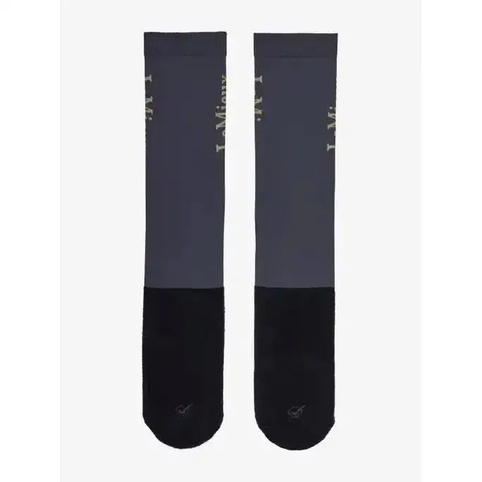 Dark gray and black two-tone lemieux competition socks pack dusk blue with subtle i logo perfect for riding