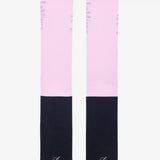 A pair of pink and black two-tone lemieux competition socks with a subtle brand logo near the top in fondant color