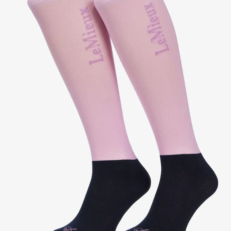 Pink and black two-tone lemieux competition socks with fondant branding on upper leg perfect for riding