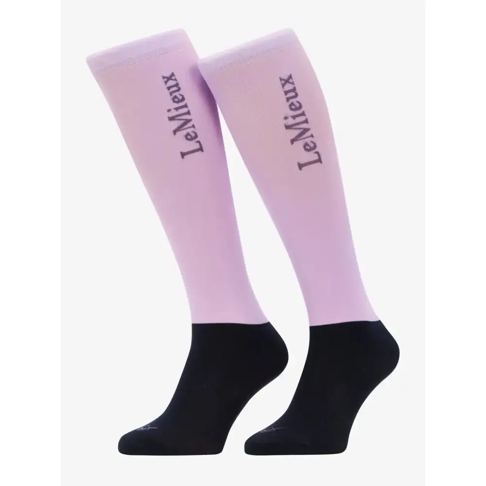 Light pink and black lemieux competition socks knee-high with dark gray lemieux embroidery on the upper leg